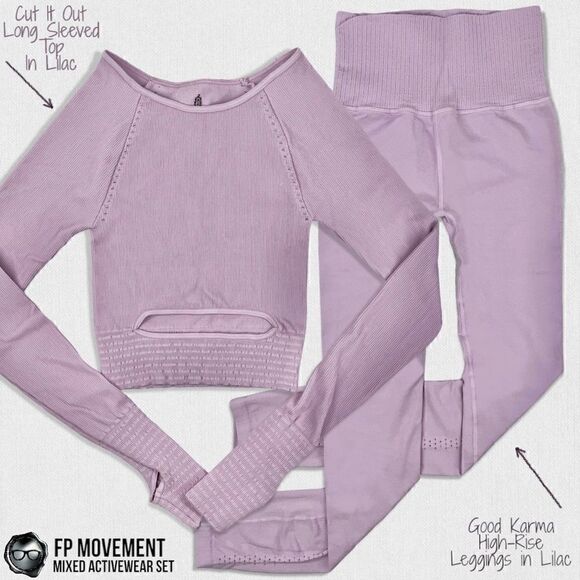 FP MOVEMENT SET CUT IT OUT LONG SLEEVED TOP + GOOD KARMA LEGGINGS IN LILAC XS/S - Picture 1 of 16